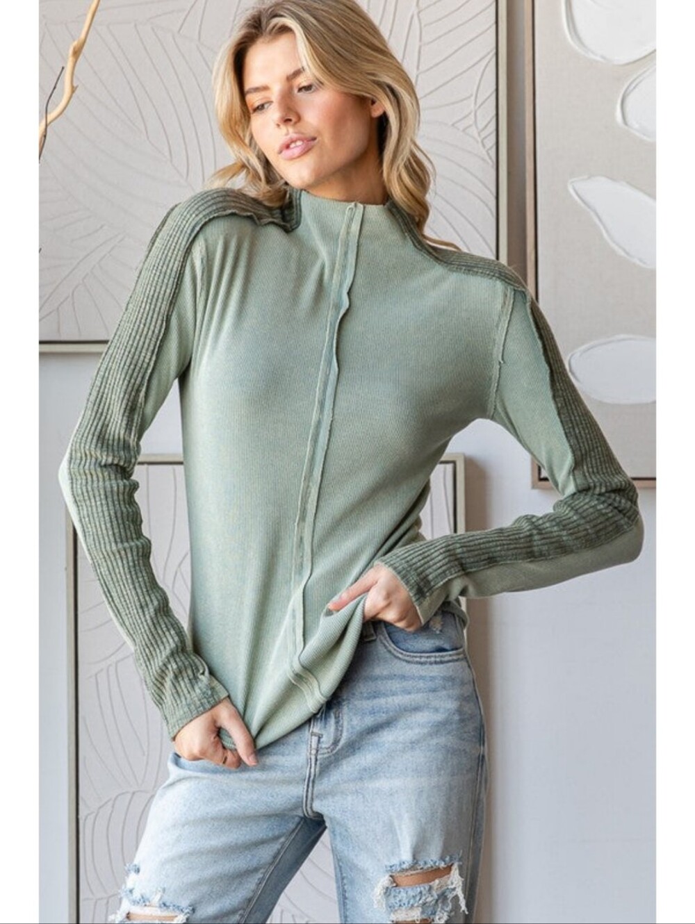 Oli & Hali Mineral Wash Funnel Neck Waffle Top Sage  XL Shabby Chic Boho Grunge
